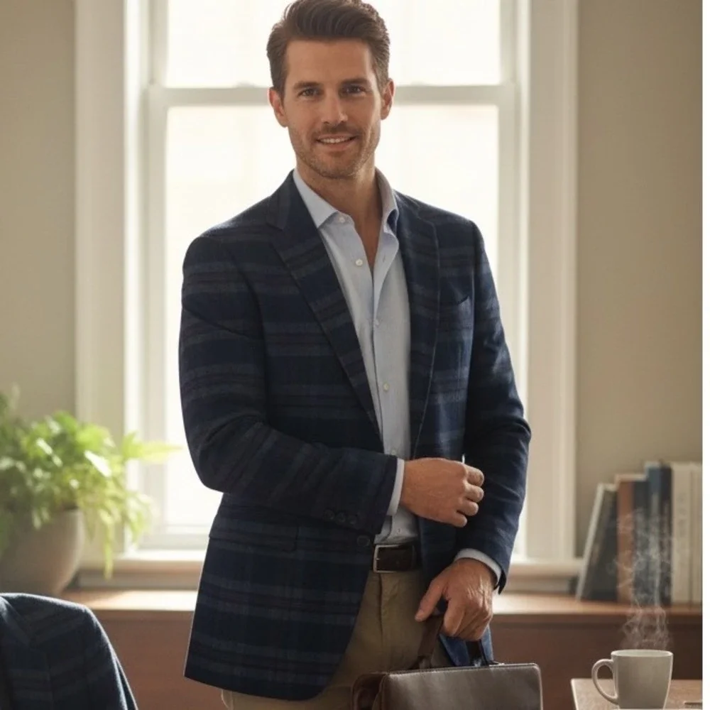 Tommy Hilfiger Mens Navy Blue Plaid Corduroy Sport Coat Blazer 43R